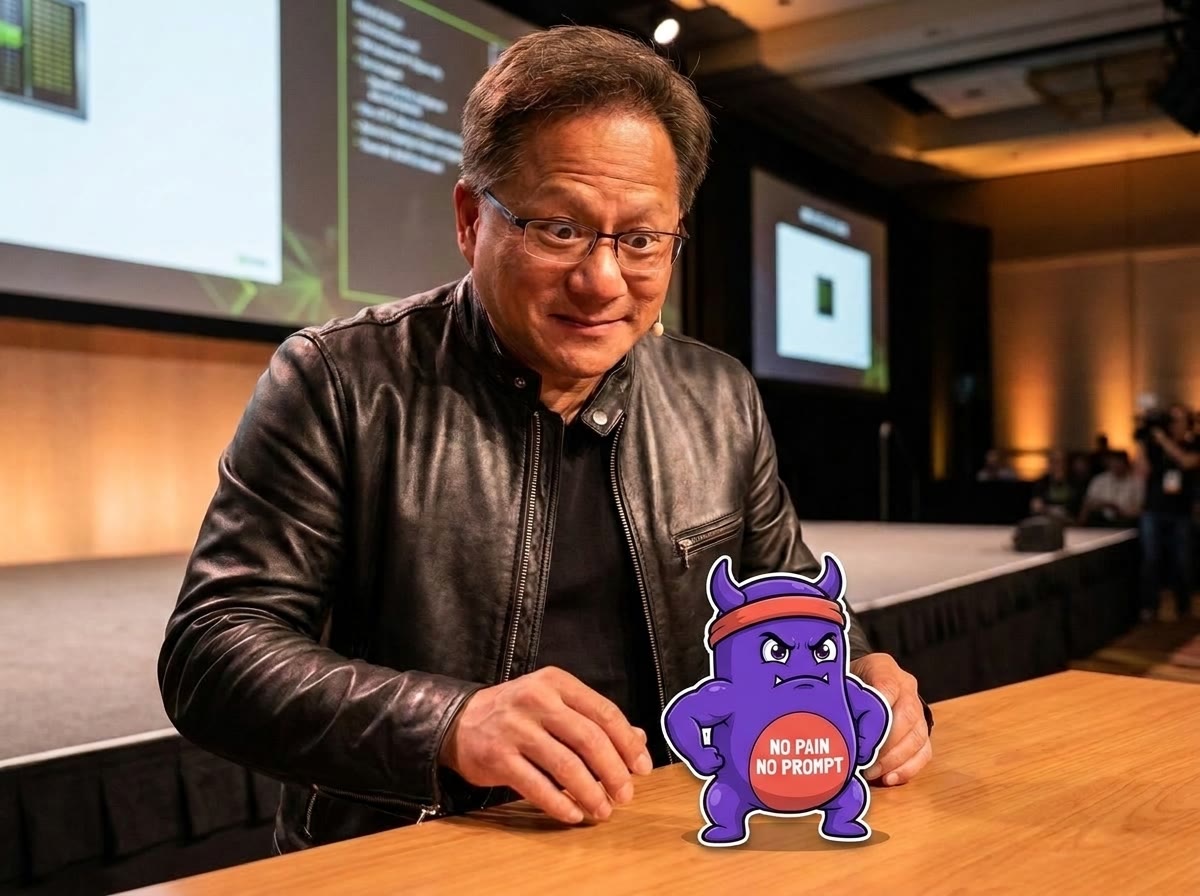 Jensen Huang leaning over a keynote table, staring at me. Leather jacket. I posed.